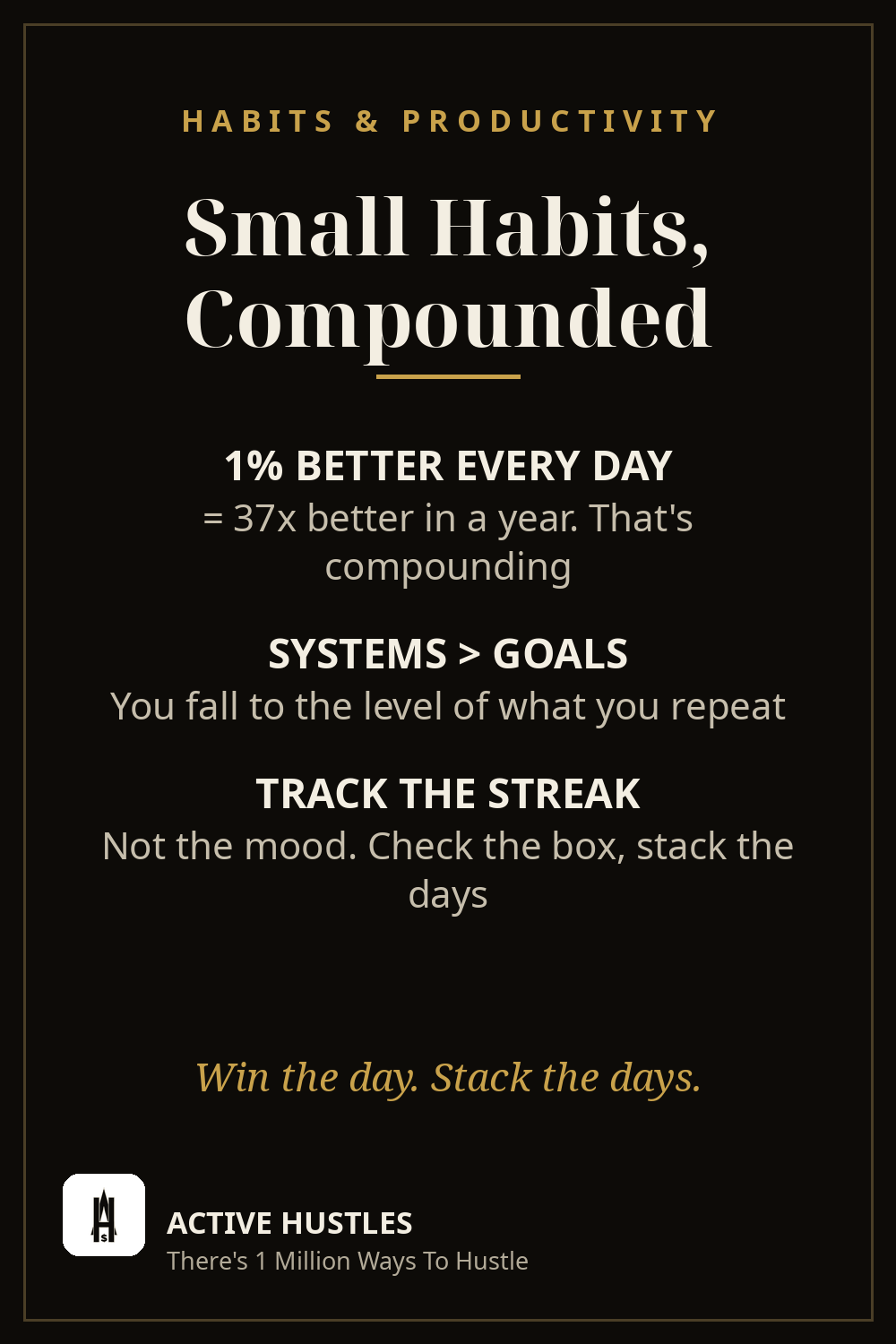 Active Hustles pin graphic about small habits compounding daily