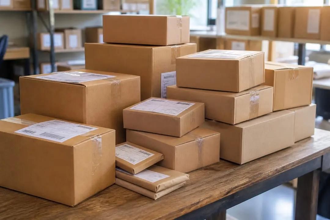 Shipping boxes stacked on a table ready for reselling orders